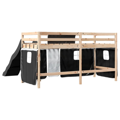 Lit mezzanine enfants et rideaux blanc/noir 80x200cm pin massif