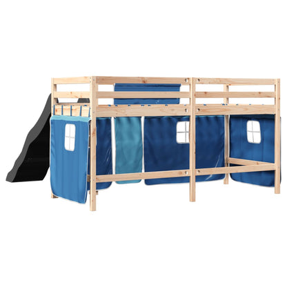 Lit mezzanine enfants et rideaux bleu 80x200cm bois pin massif