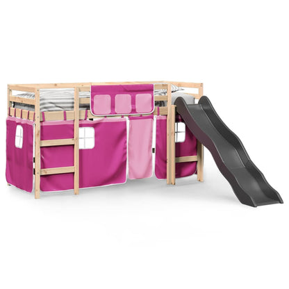 Lit mezzanine enfants et rideaux rose 80x200cm bois pin massif