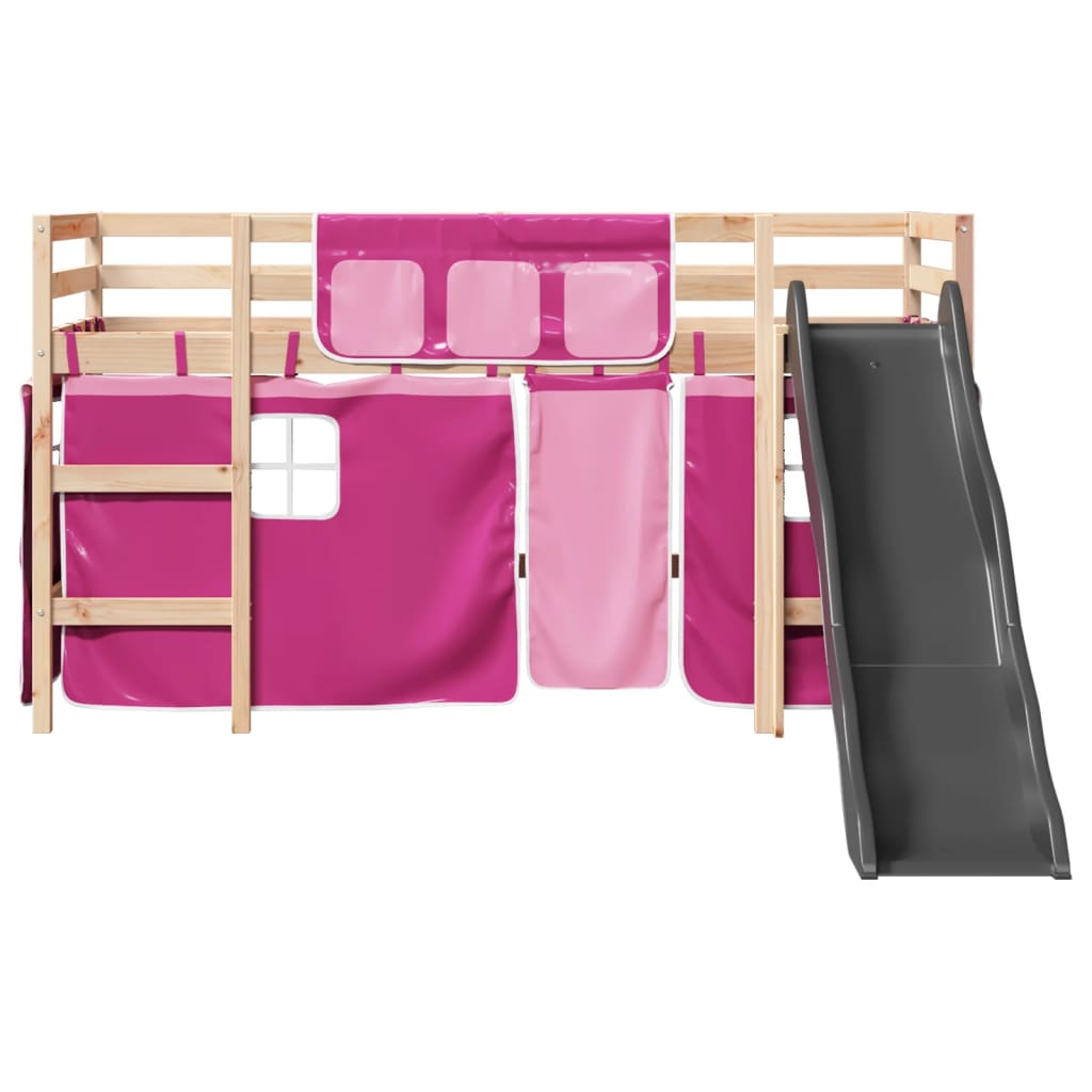 Lit mezzanine enfants et rideaux rose 80x200cm bois pin massif