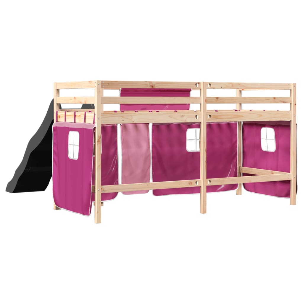 Lit mezzanine enfants et rideaux rose 80x200cm bois pin massif