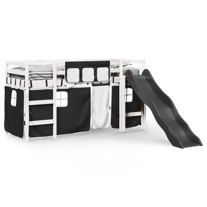 Lit mezzanine enfants et rideaux blanc/noir 80x200cm pin massif