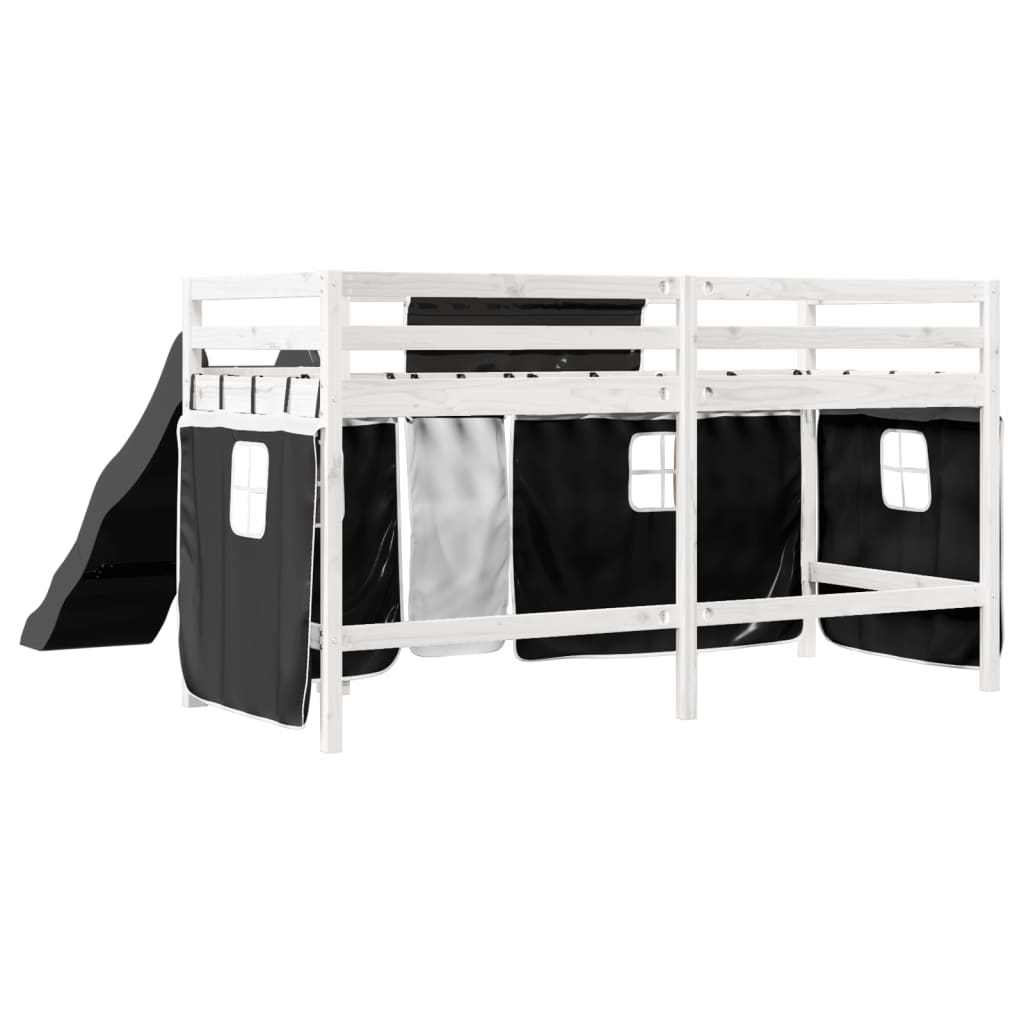 Lit mezzanine enfants et rideaux blanc/noir 80x200cm pin massif