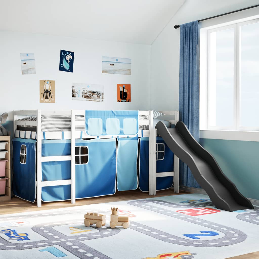 Lit mezzanine enfants et rideaux bleu 80x200cm bois pin massif