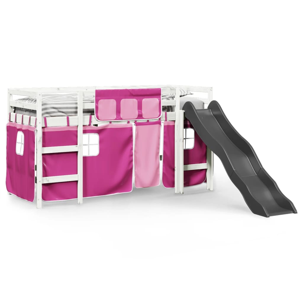 Lit mezzanine enfants et rideaux rose 80x200cm bois pin massif