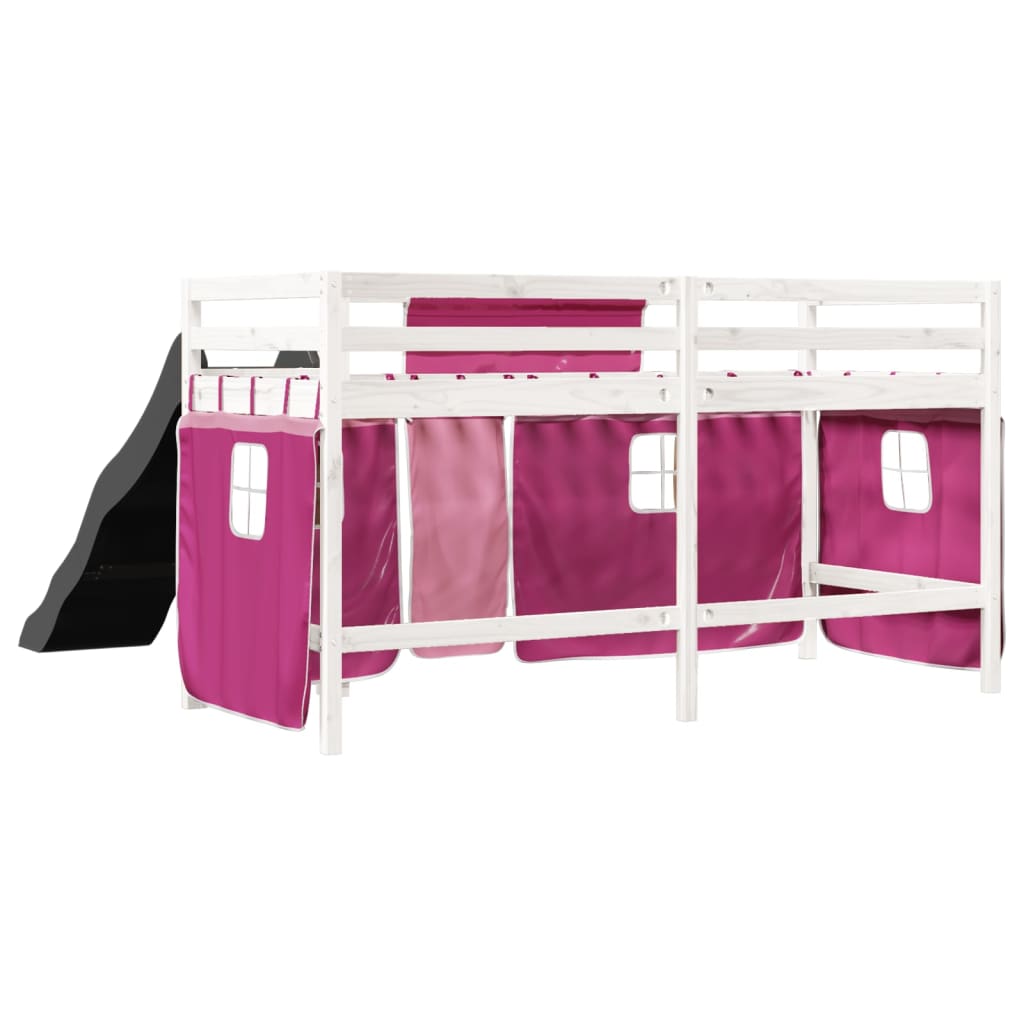 Lit mezzanine enfants et rideaux rose 80x200cm bois pin massif