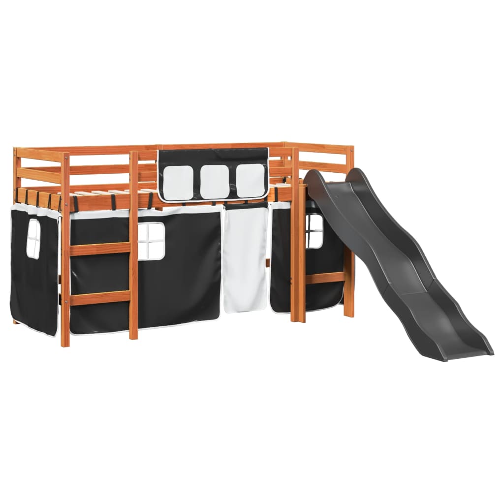 Lit mezzanine enfants et rideaux blanc/noir 80x200cm pin massif