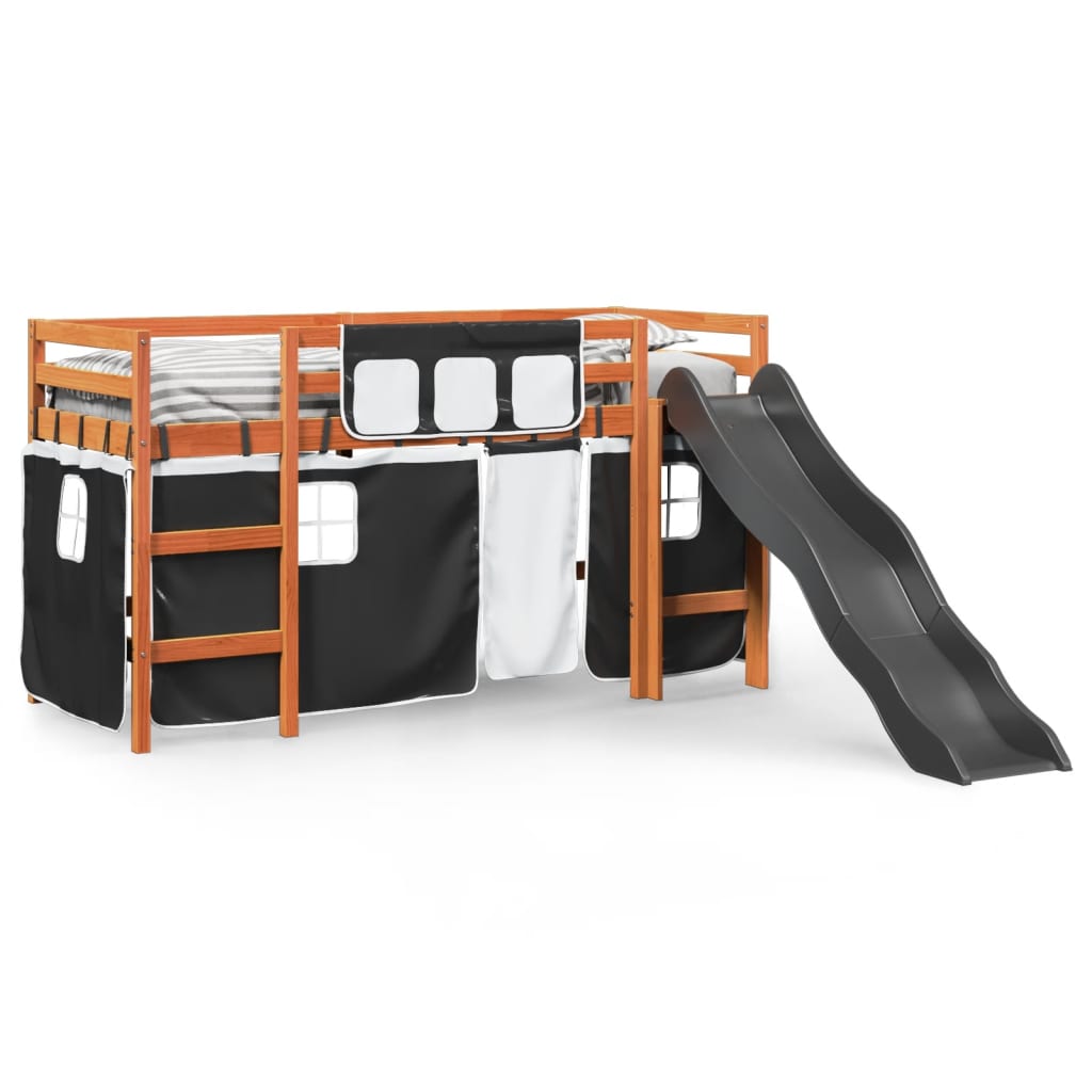 Lit mezzanine enfants et rideaux blanc/noir 80x200cm pin massif