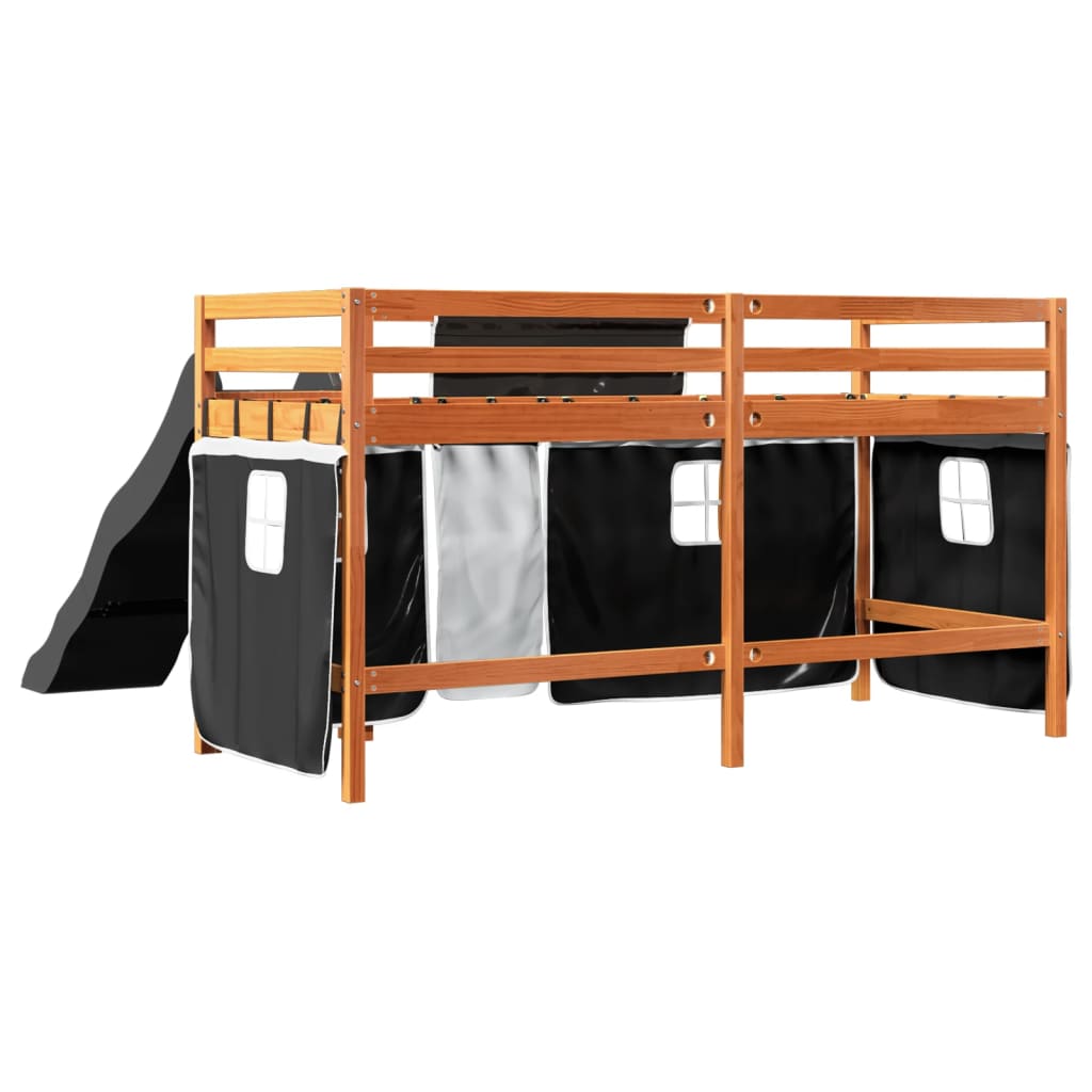 Lit mezzanine enfants et rideaux blanc/noir 80x200cm pin massif