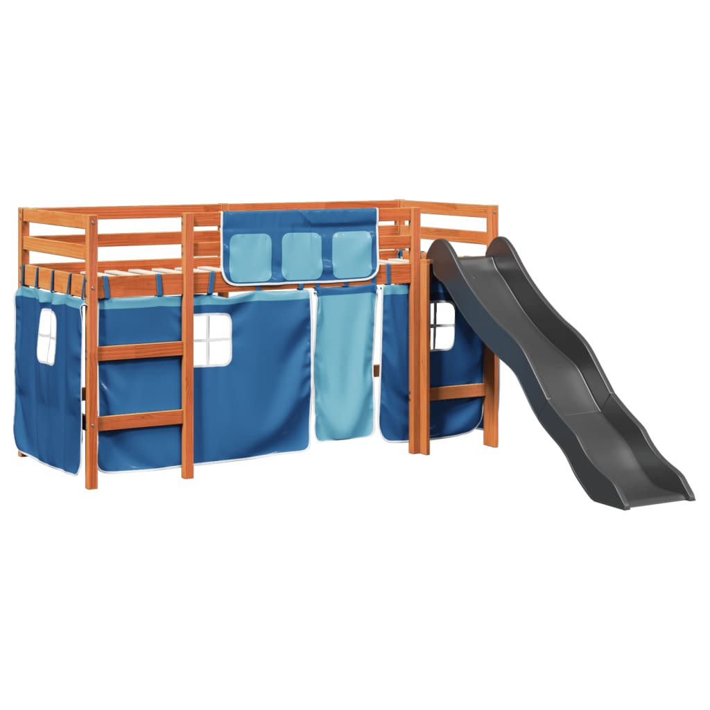 Lit mezzanine enfants et rideaux bleu 80x200cm bois pin massif