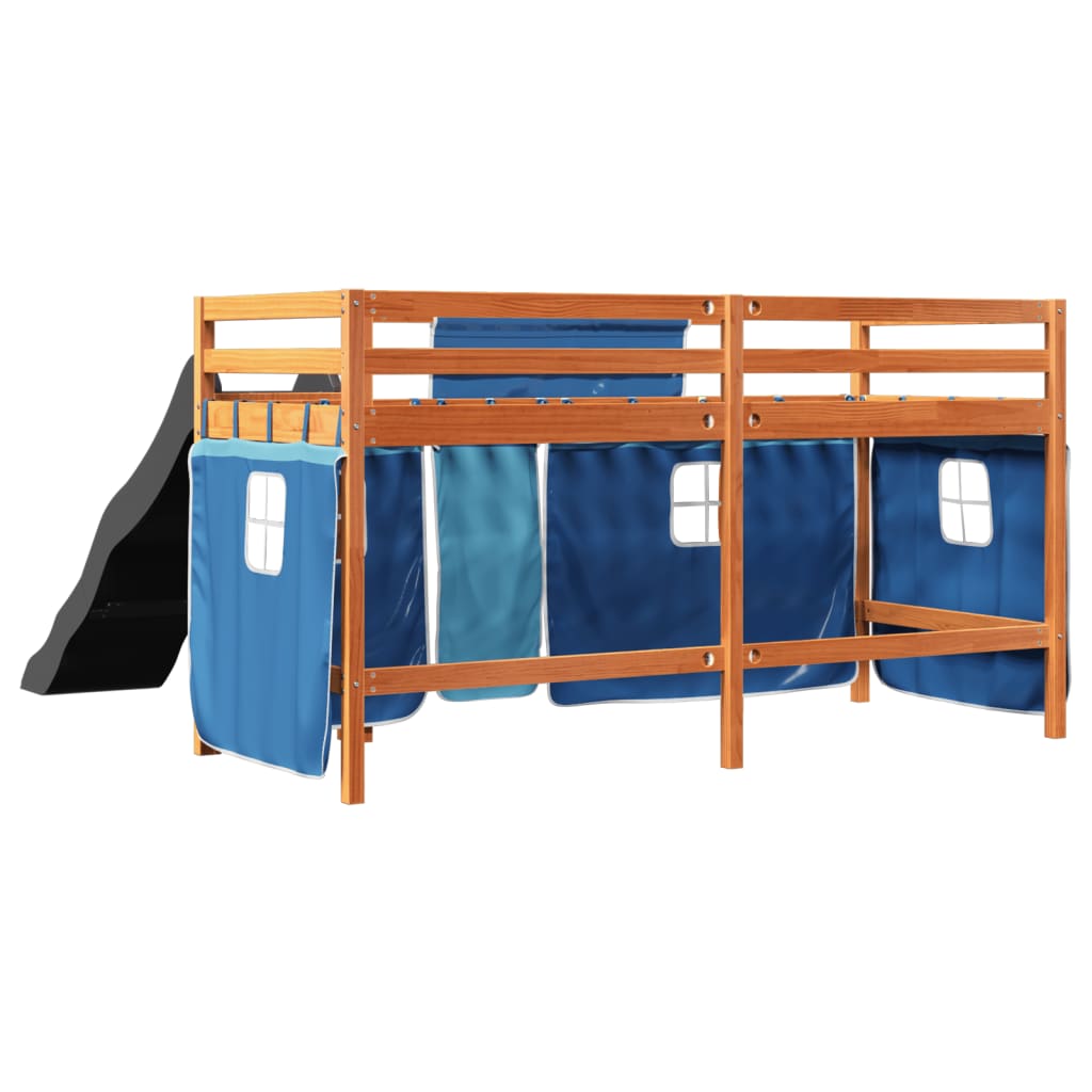 Lit mezzanine enfants et rideaux bleu 80x200cm bois pin massif