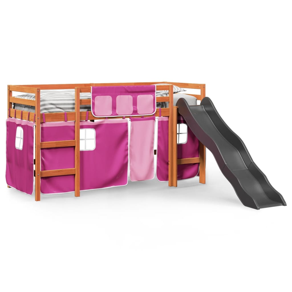 Lit mezzanine enfants et rideaux rose 80x200cm bois pin massif