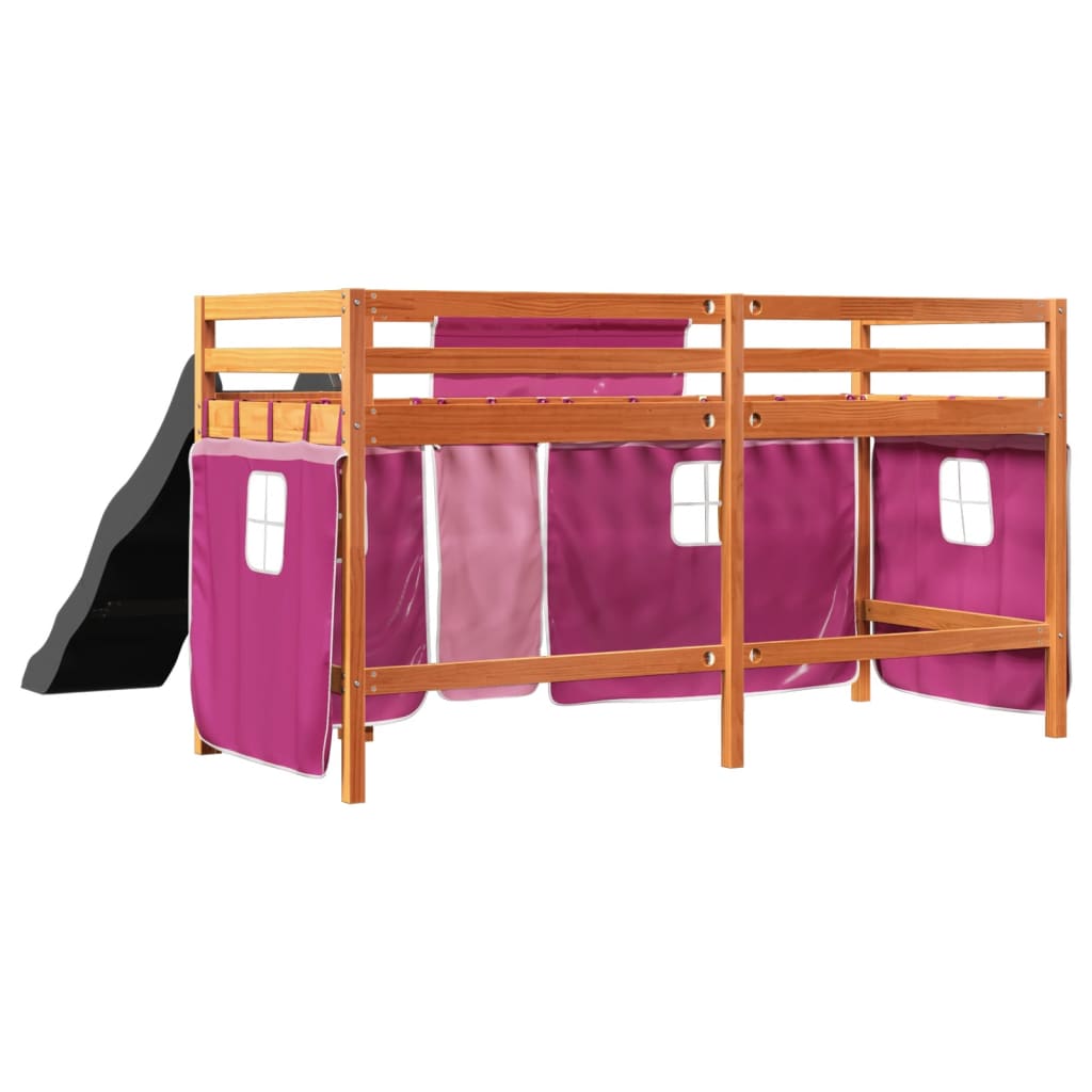 Lit mezzanine enfants et rideaux rose 80x200cm bois pin massif