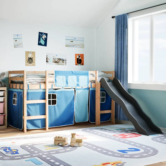 Lit mezzanine enfants et rideaux bleu 90x200cm bois pin massif