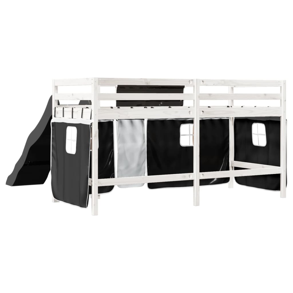 Lit mezzanine enfants et rideaux blanc/noir 90x200cm pin massif