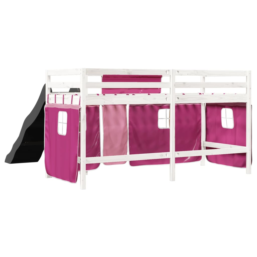 Lit mezzanine enfants et rideaux rose 90x200cm bois pin massif