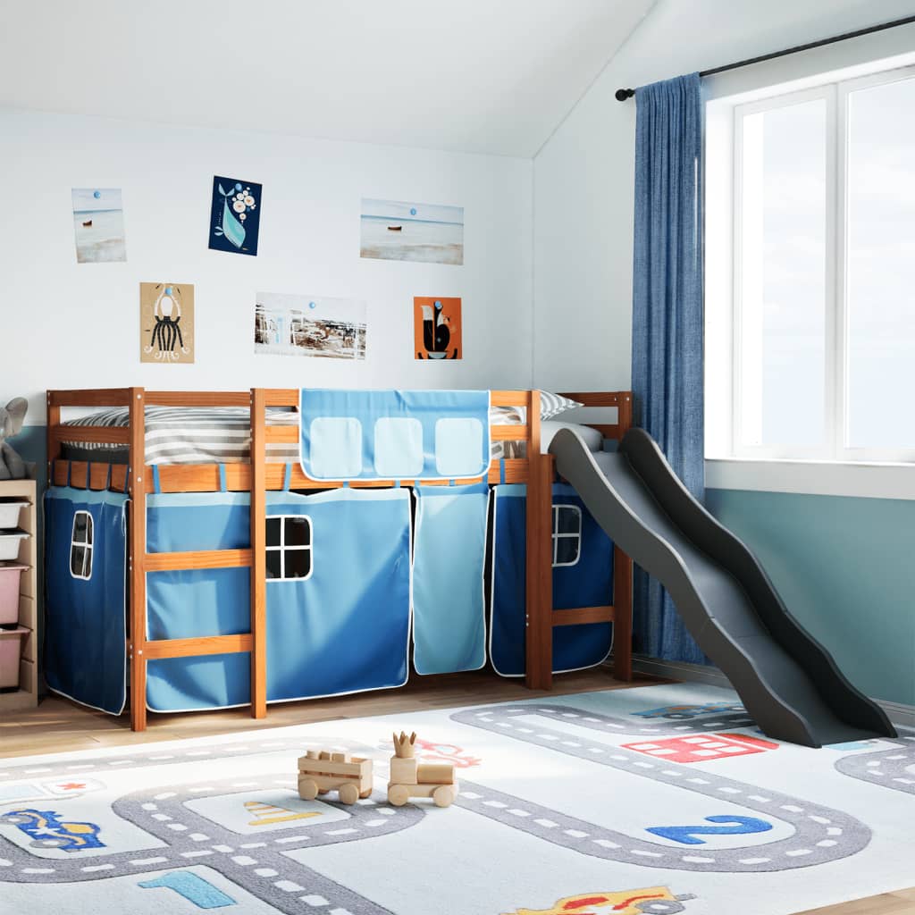 Lit mezzanine enfants et rideaux bleu 90x200cm bois pin massif