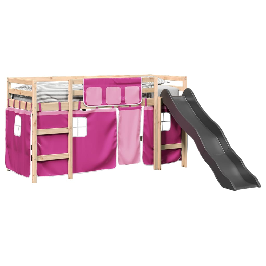 Lit mezzanine enfants et rideaux rose 90x190cm bois pin massif