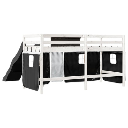 Lit mezzanine enfants et rideaux blanc/noir 90x190cm pin massif