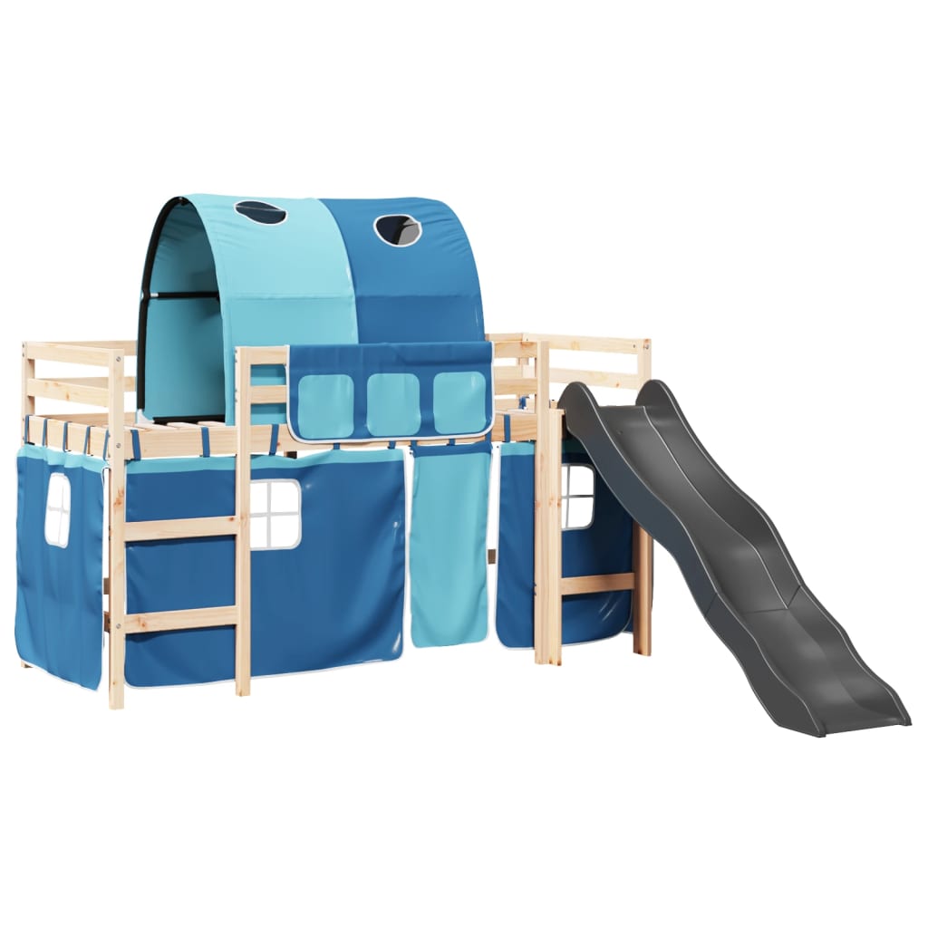 Lit mezzanine enfants avec tunnel bleu 80x200cm bois pin massif