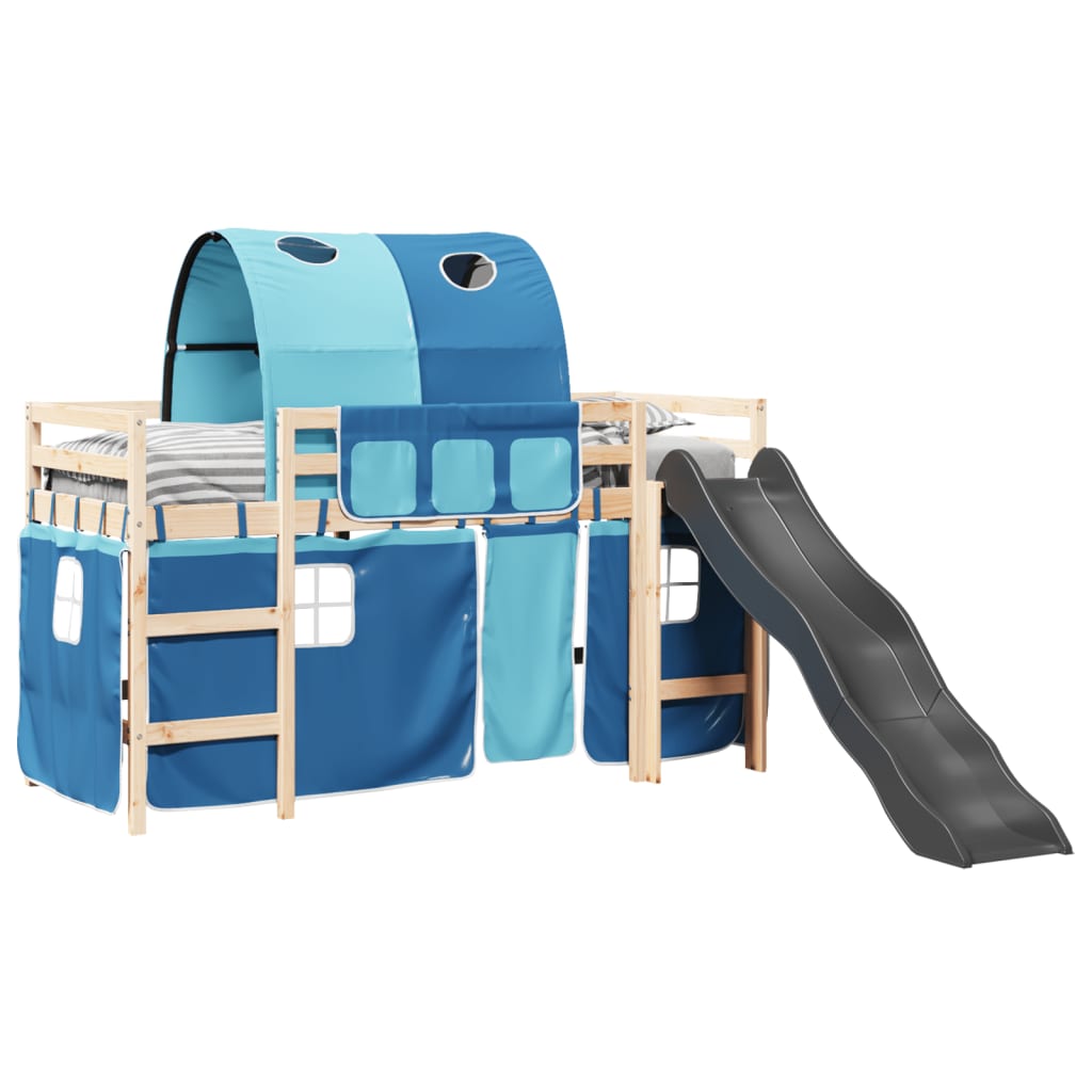 Lit mezzanine enfants avec tunnel bleu 80x200cm bois pin massif