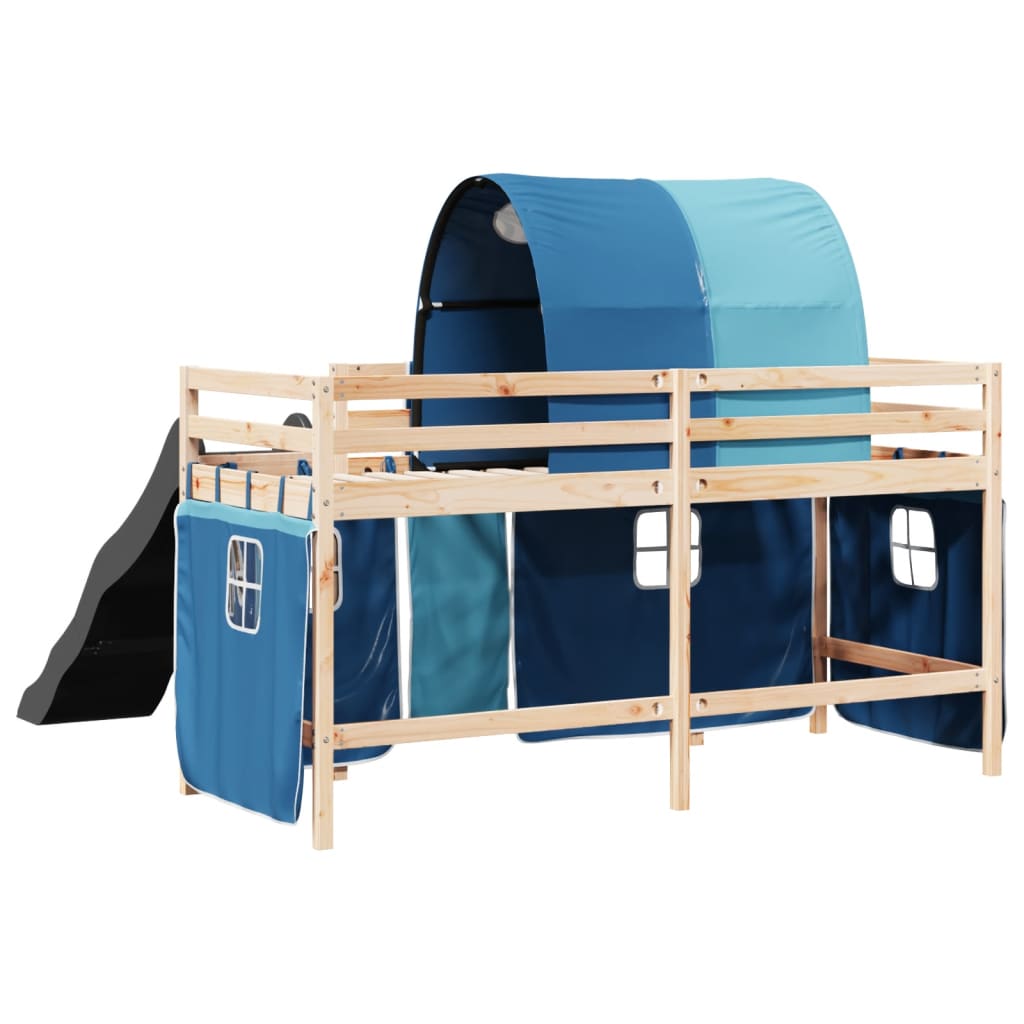 Lit mezzanine enfants avec tunnel bleu 80x200cm bois pin massif