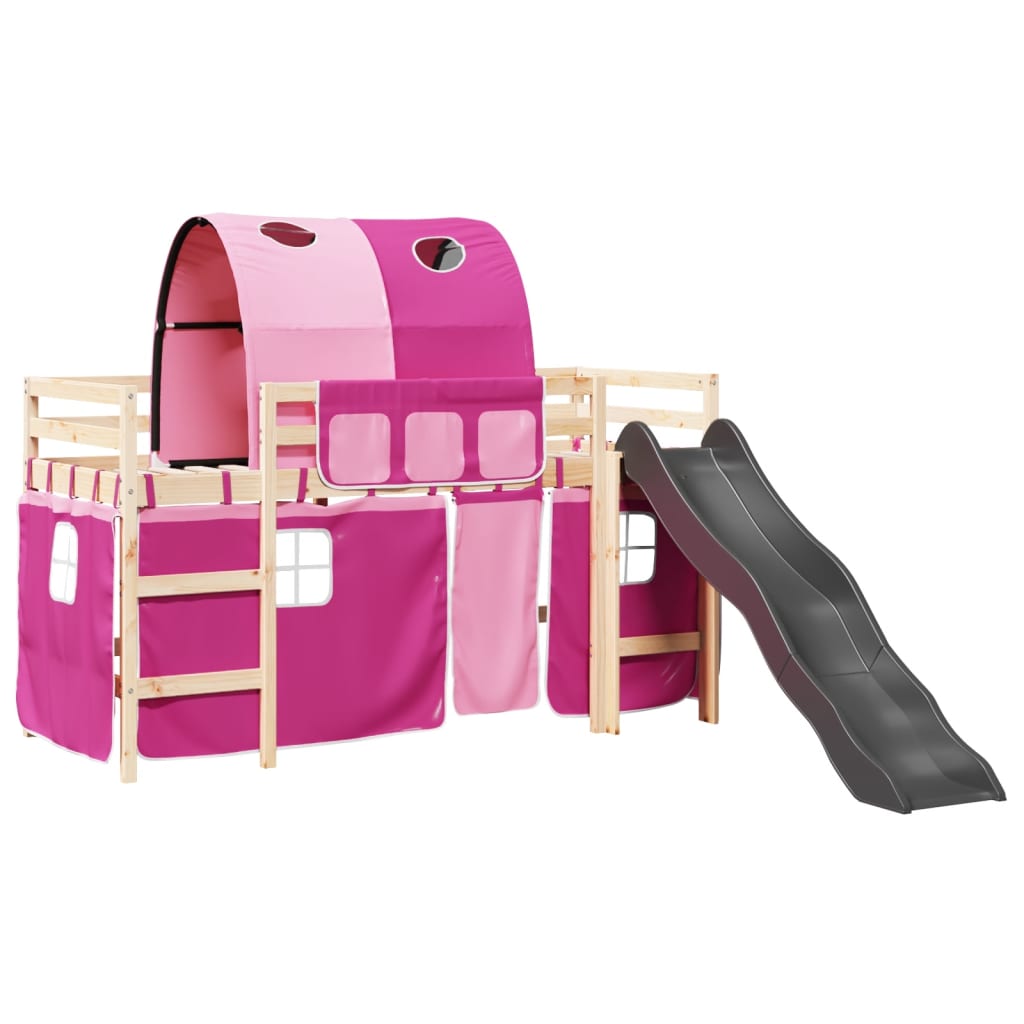 Lit mezzanine enfants avec tunnel rose 80x200cm bois pin massif