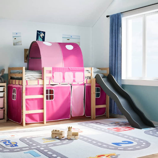 Lit mezzanine enfants avec tunnel rose 80x200cm bois pin massif