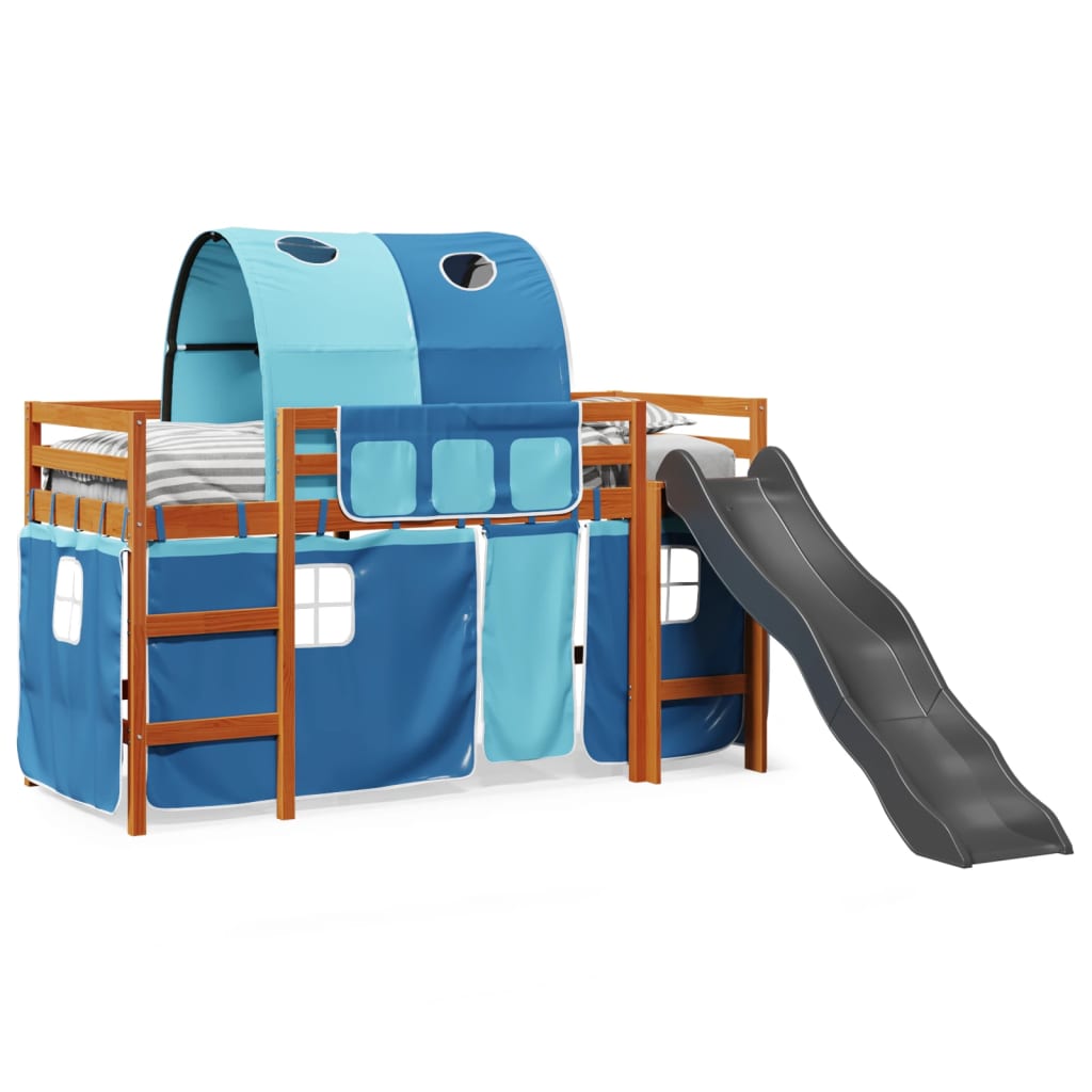 Lit mezzanine enfants avec tunnel bleu 80x200cm bois pin massif