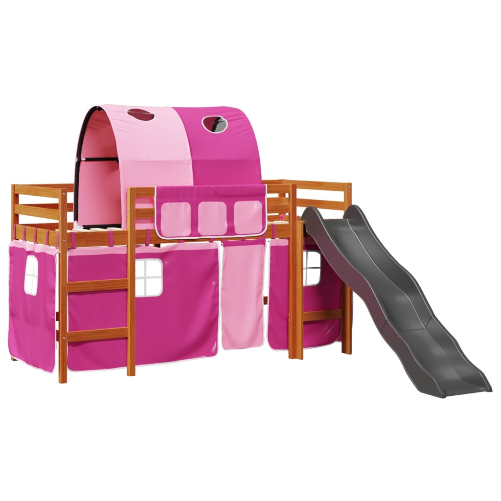 Lit mezzanine enfants avec tunnel rose 80x200cm bois pin massif