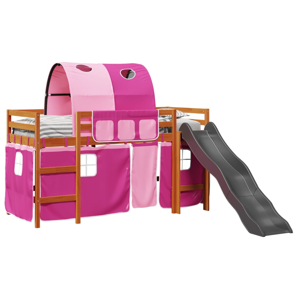 Lit mezzanine enfants avec tunnel rose 80x200cm bois pin massif