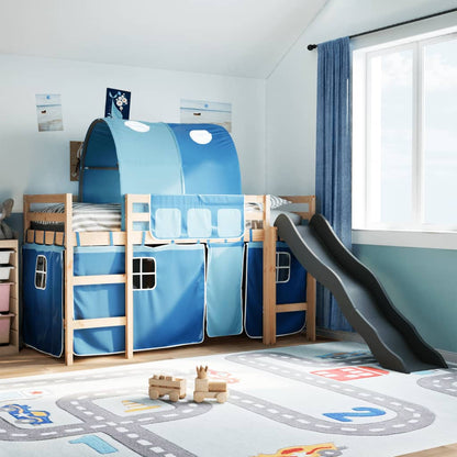 Lit mezzanine enfants et tunnel bleu 90x200cm bois pin massif