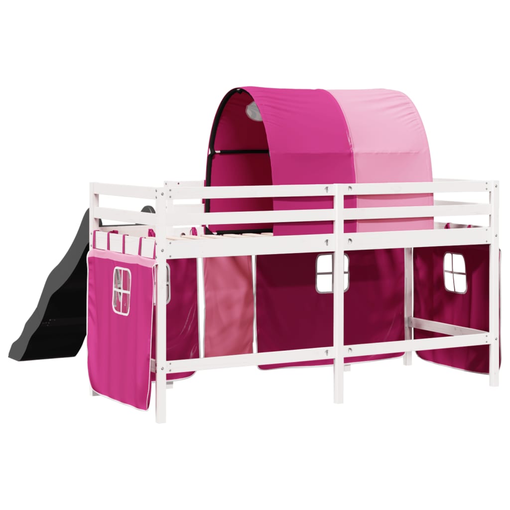 Lit mezzanine enfants avec tunnel rose 90x200cm bois pin massif