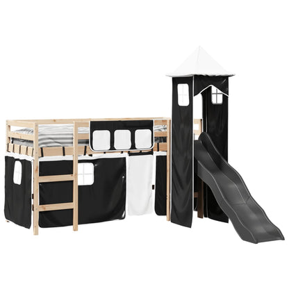 Lit mezzanine enfants avec tour blanc/noir 80x200cm pin massif