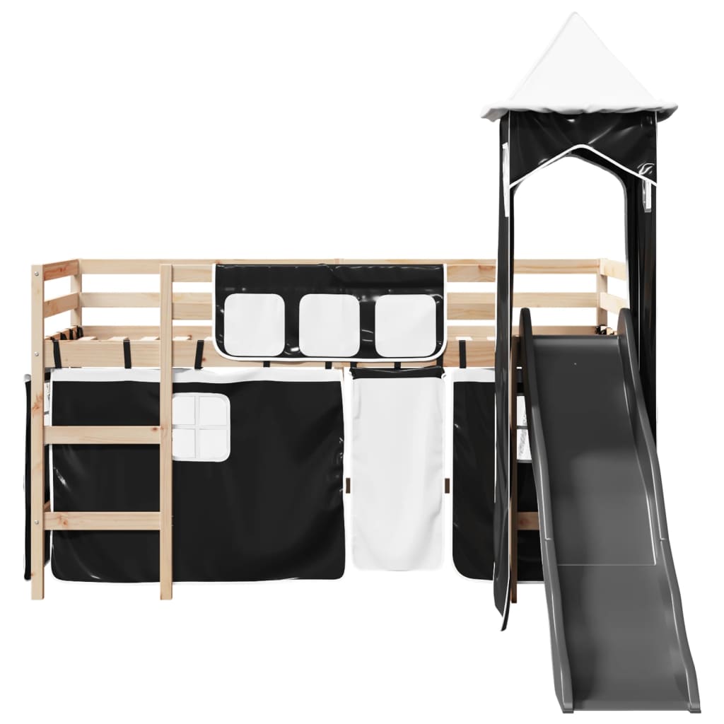 Lit mezzanine enfants avec tour blanc/noir 80x200cm pin massif