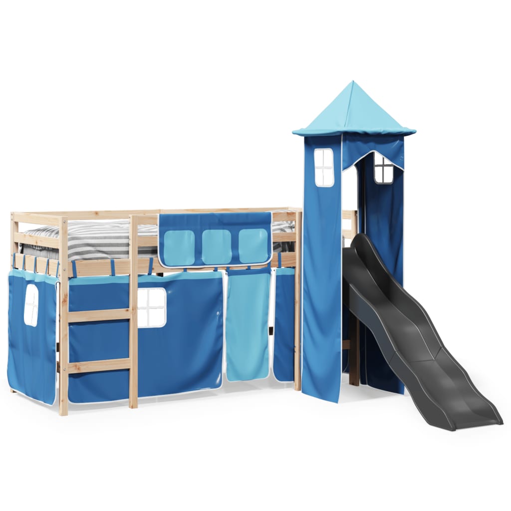 Lit mezzanine enfants avec tour bleu 80x200cm bois pin massif