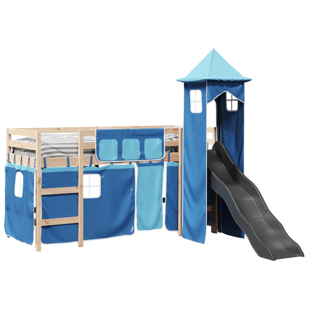 Lit mezzanine enfants avec tour bleu 80x200cm bois pin massif