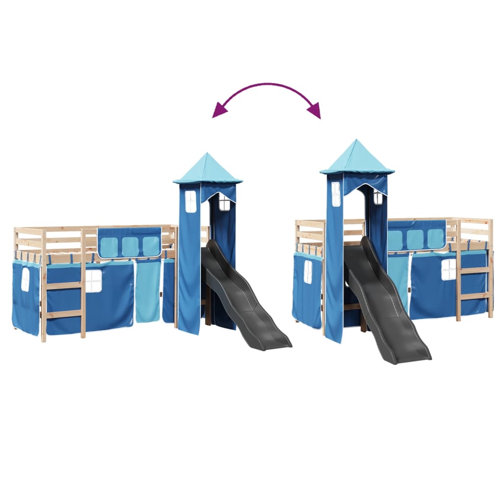 Lit mezzanine enfants avec tour bleu 80x200cm bois pin massif