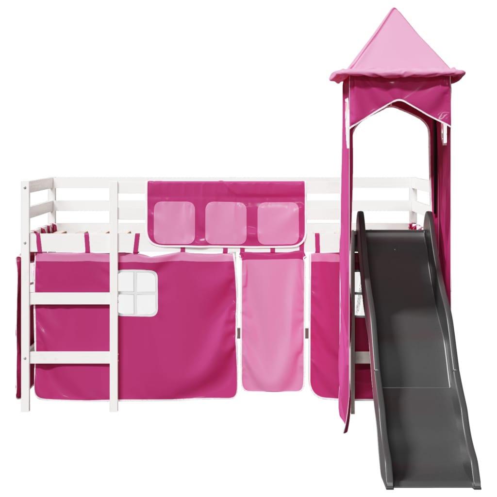 Lit mezzanine enfants avec tour rose 80x200cm bois pin massif