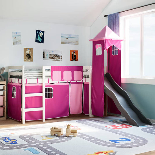 Lit mezzanine enfants avec tour rose 80x200cm bois pin massif