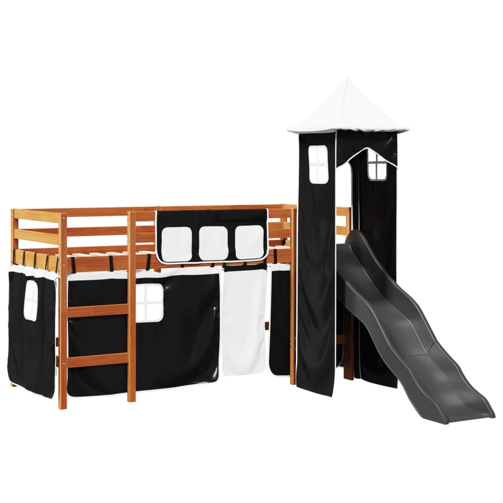 Lit mezzanine enfants avec tour blanc/noir 80x200cm pin massif