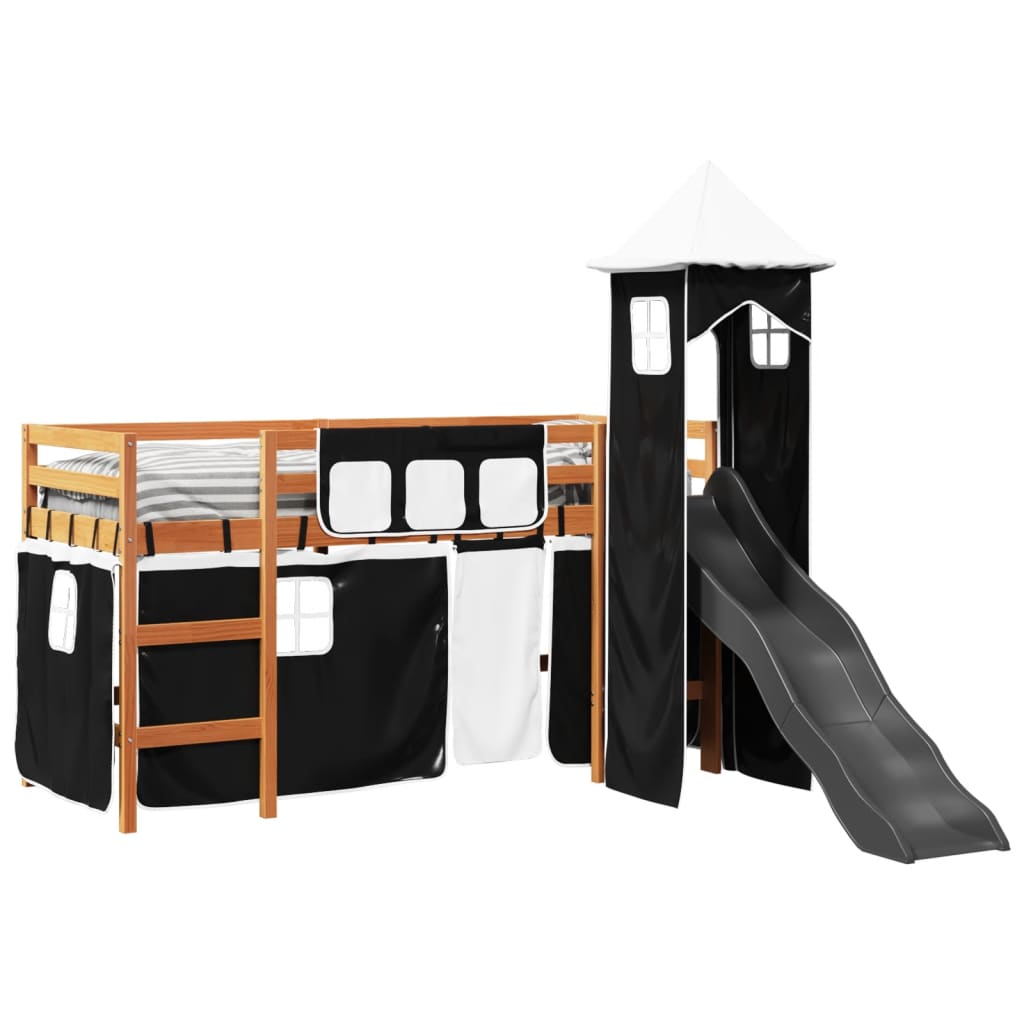 Lit mezzanine enfants avec tour blanc/noir 80x200cm pin massif