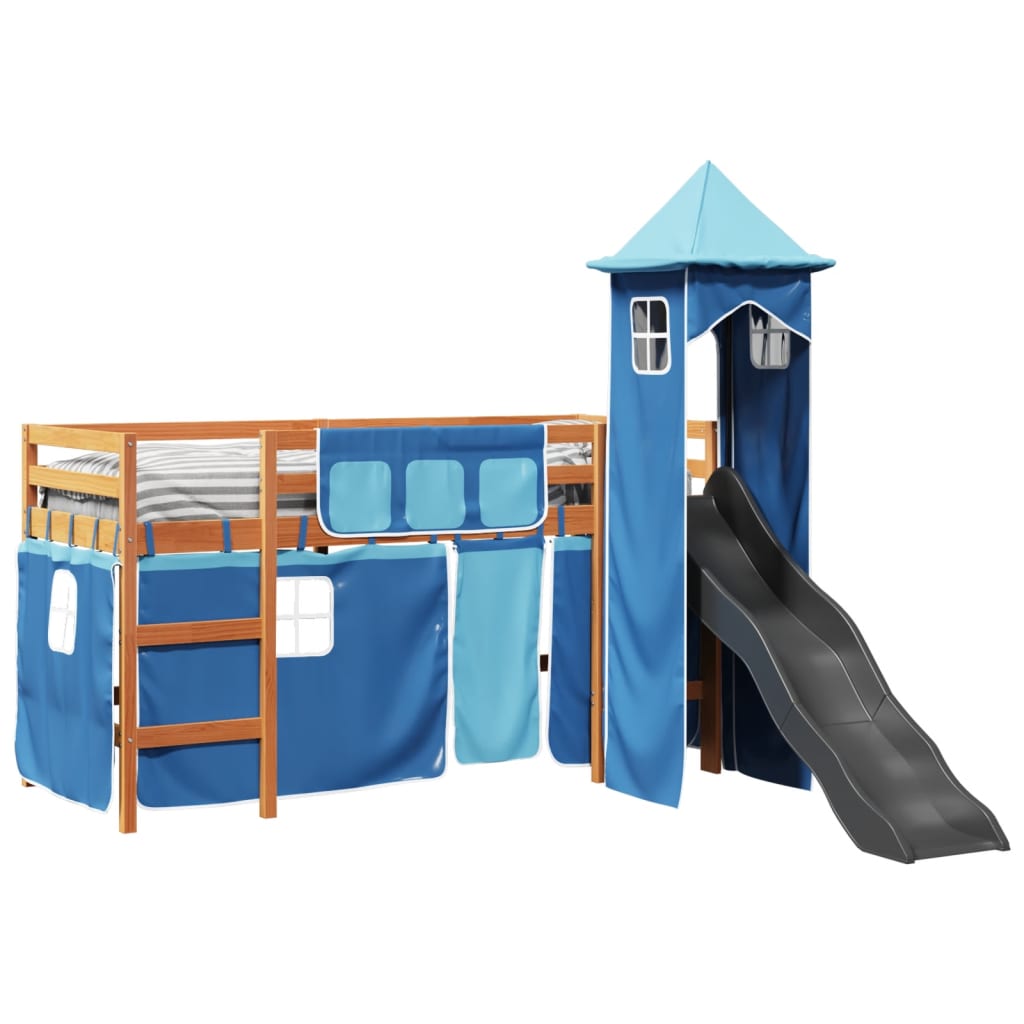 Lit mezzanine enfants avec tour bleu 80x200cm bois pin massif