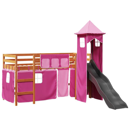 Lit mezzanine enfants avec tour rose 80x200cm bois pin massif