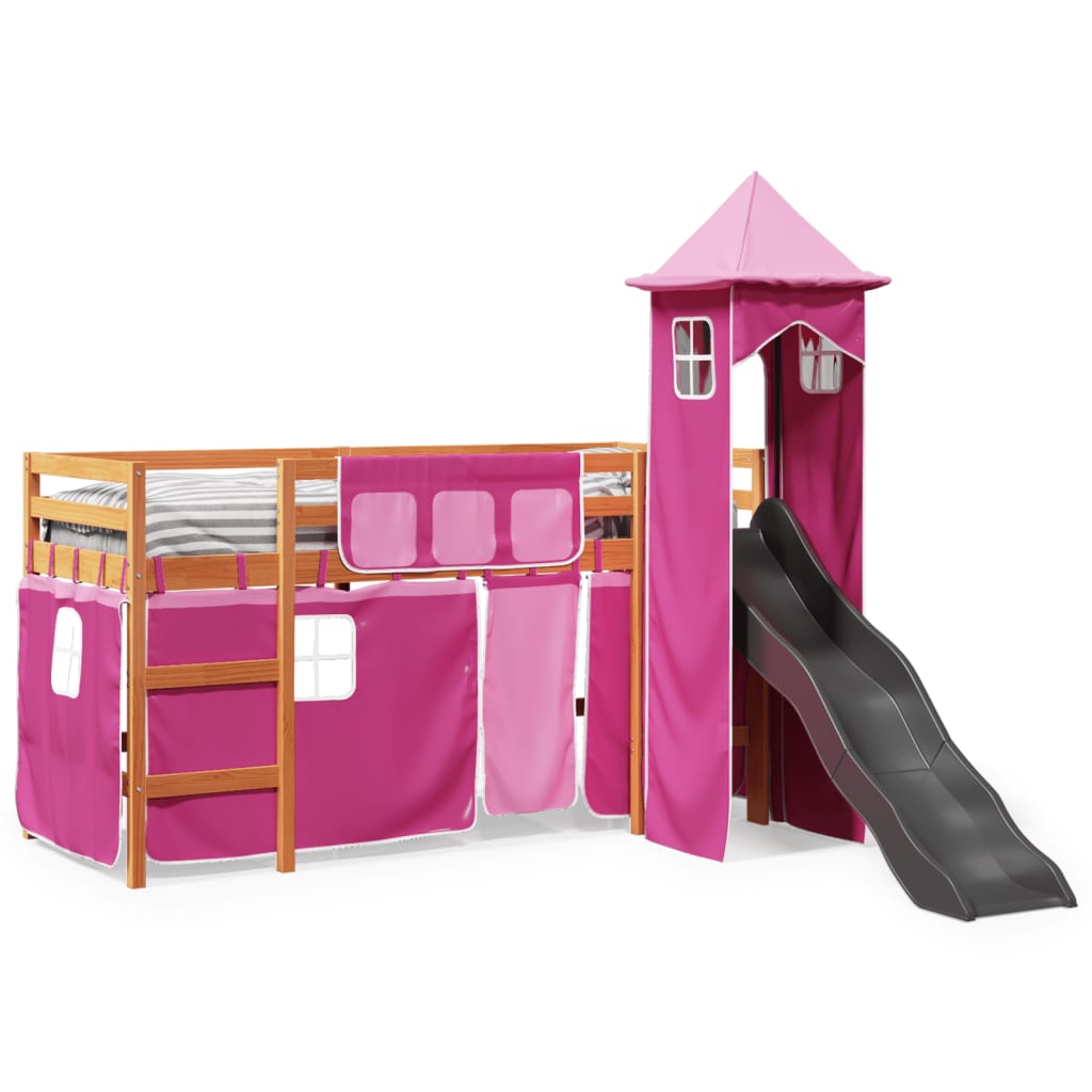 Lit mezzanine enfants avec tour rose 80x200cm bois pin massif