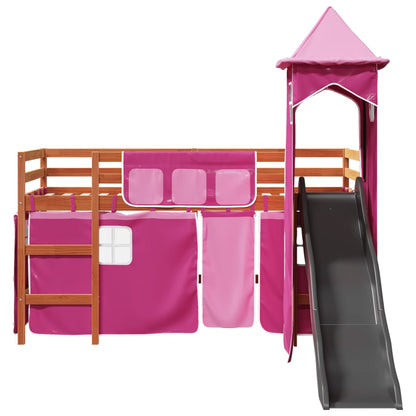 Lit mezzanine enfants avec tour rose 80x200cm bois pin massif