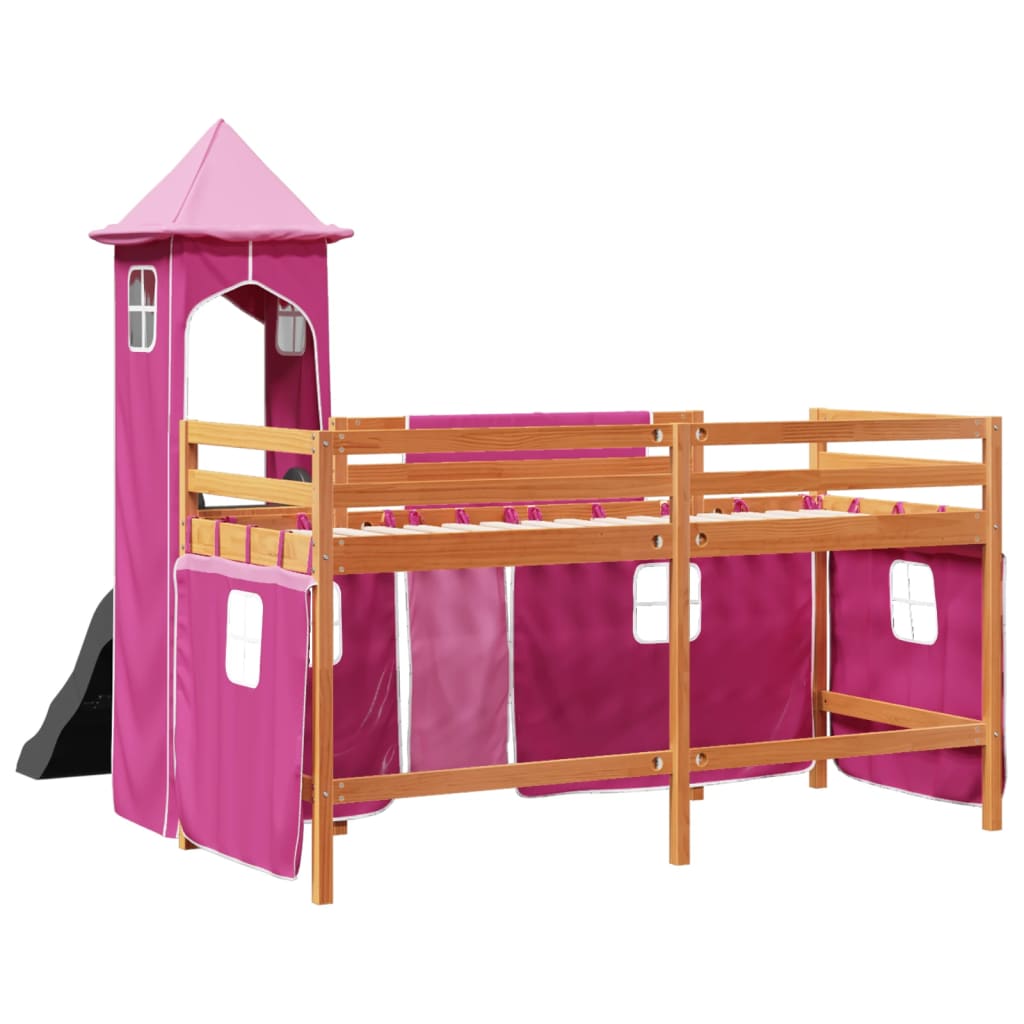 Lit mezzanine enfants avec tour rose 80x200cm bois pin massif