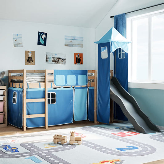 Lit mezzanine enfants avec tour bleu 90x200 cm bois pin massif