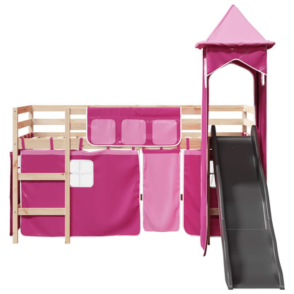 Lit mezzanine enfants avec tour rose 90x200 cm bois pin massif