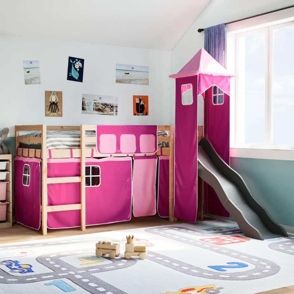 Lit mezzanine enfants avec tour rose 90x200 cm bois pin massif